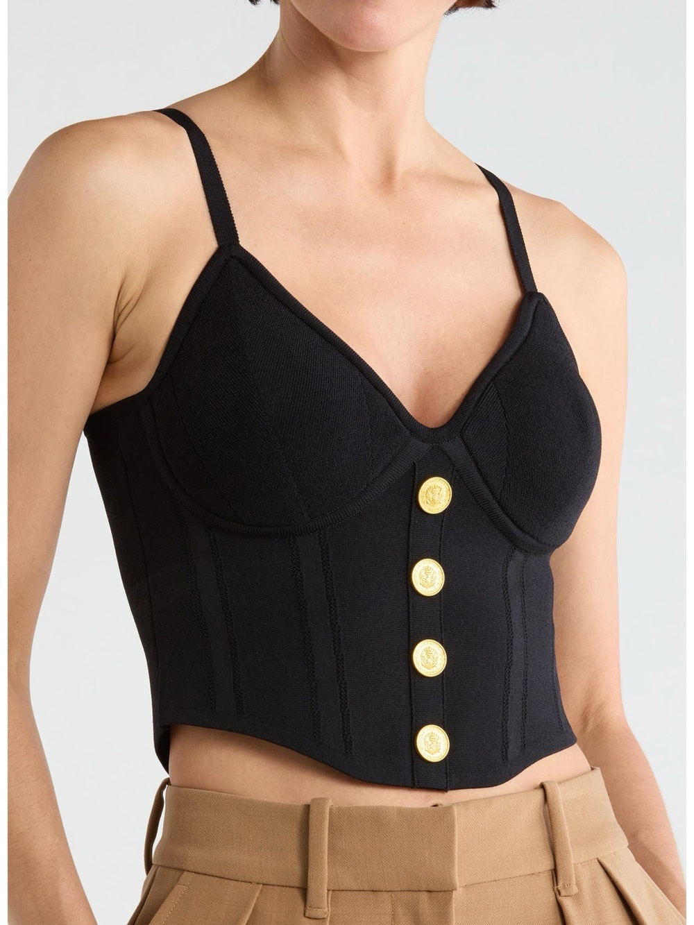 L'Agence Artemis Knit Bustier Corset Top, woman’s black w/ gold buttons size XXL